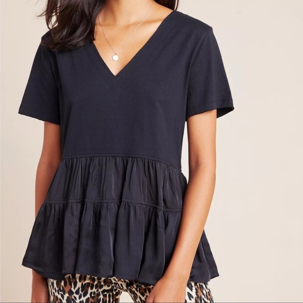 Anthropologie Women’s Maeve Black Cotton V-Neck Ruffle Hem Top Blouse Size S - Picture 1 of 12
